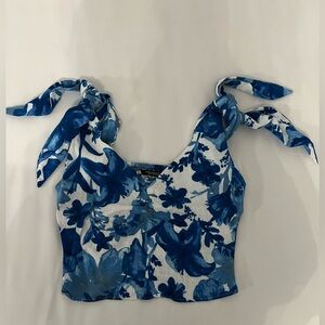 Zara blue and white print linen top